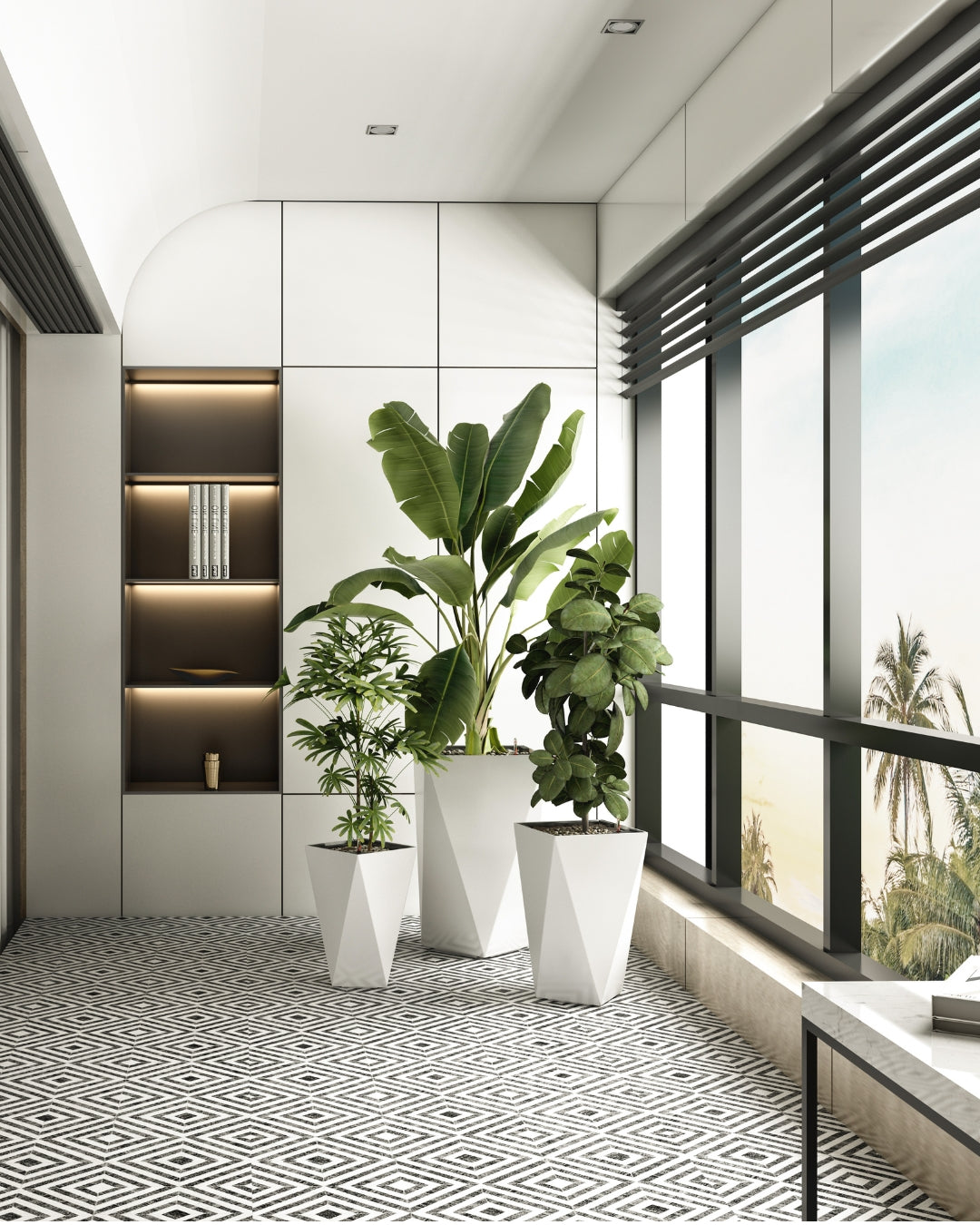 Shard Self Watering Planter placed at the corner of a room